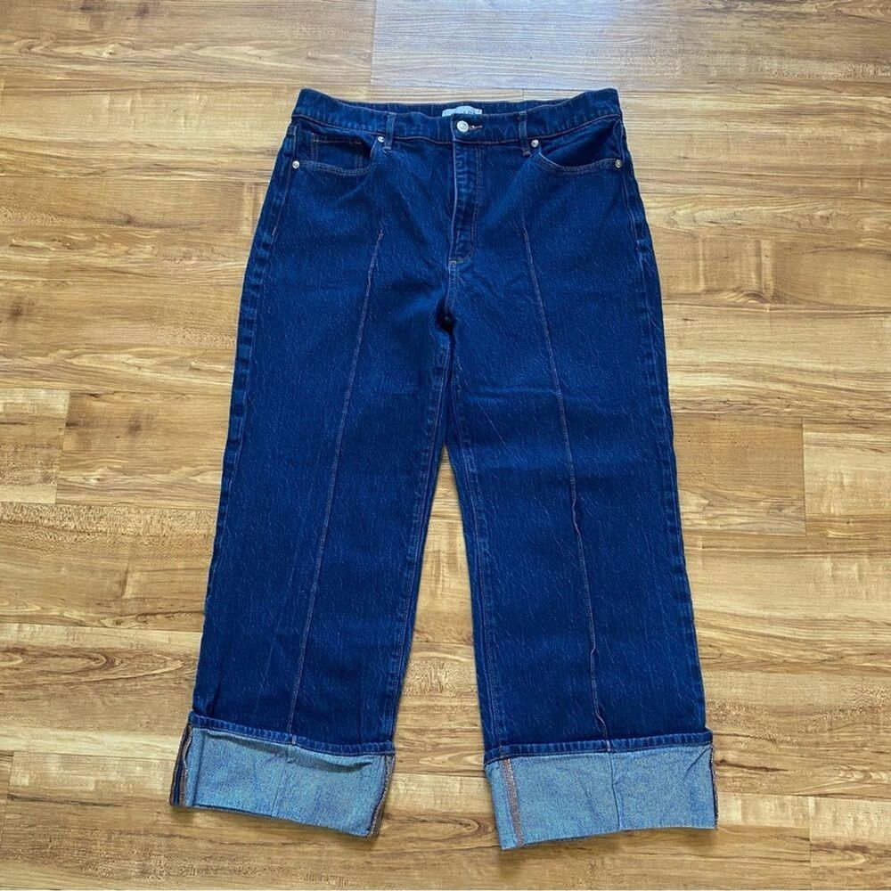 LOFT 12 High Rise Wide Leg Dark Wash Blue Jeans Cuffed Boho Seamed Retro 70s